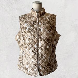 Eddie Bauer Quilted Goose Down Vest Women's XL Tan Beige Floral Camo Zip Pockets